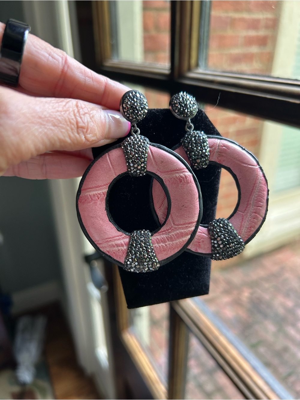 Elegant Pink Hoop Drop Earrings with Black Crystal Accents